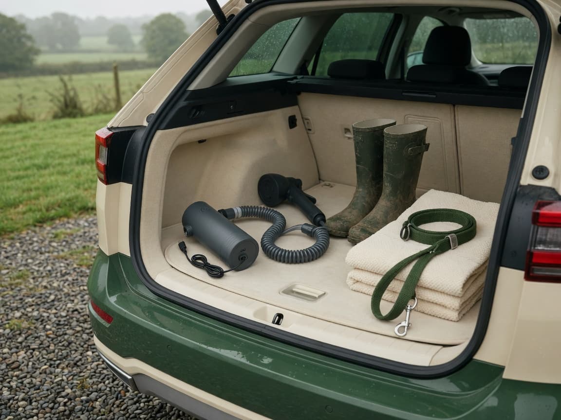 CampRinse stored in a family car boot beside lead, boots and towel