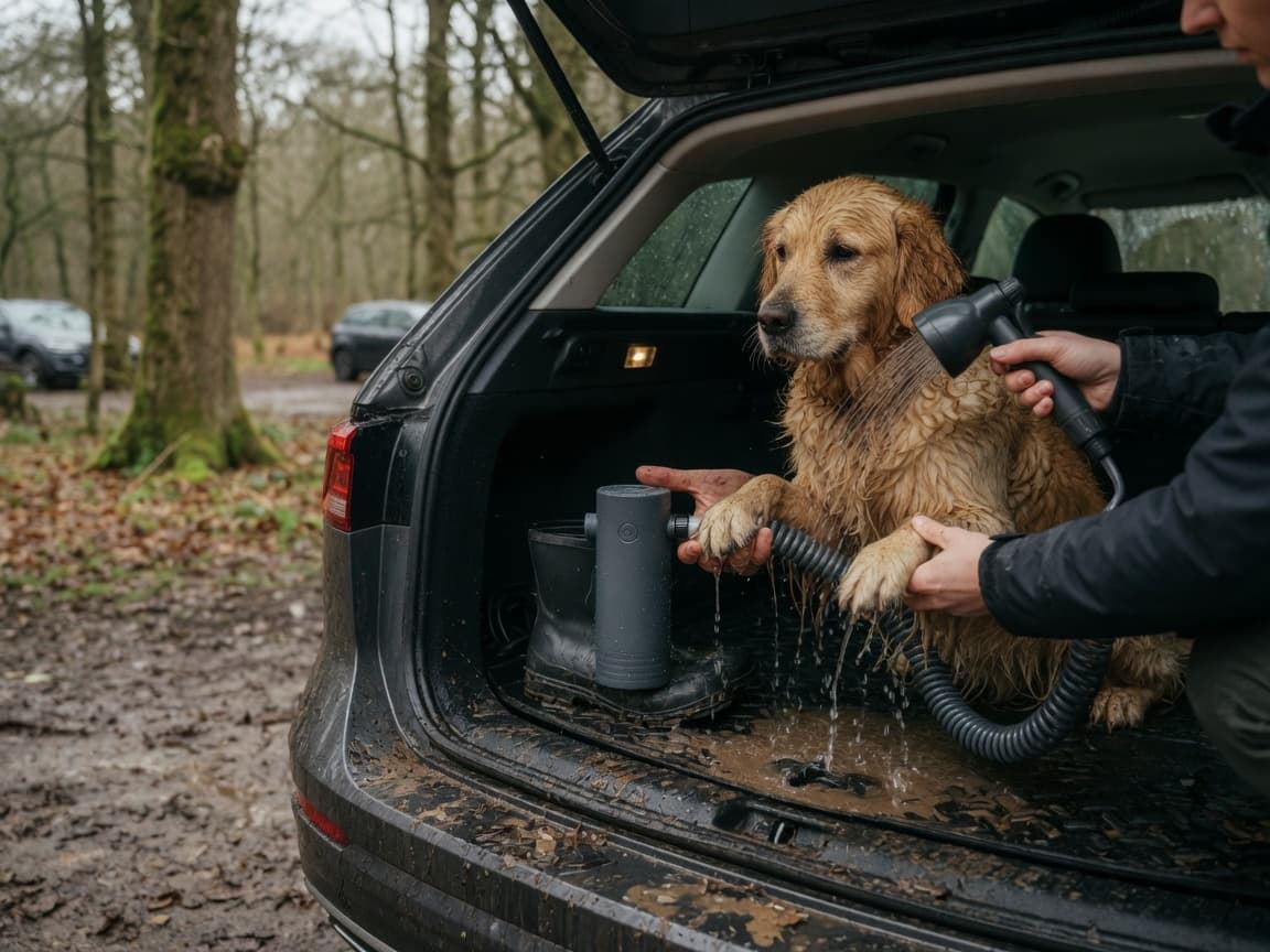 Owner rinsing muddy dog paws with CampRinse at the car